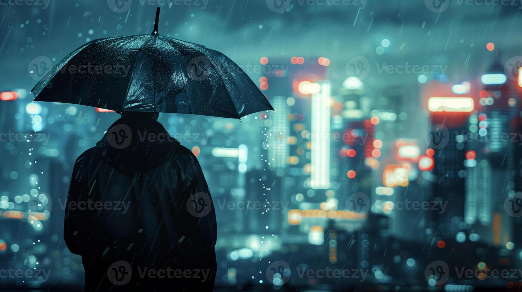 AI generated Person with umbrella standing in urban rain at night, city lights blurred in background, concept of solitude or contemplation, weather related imagery photo