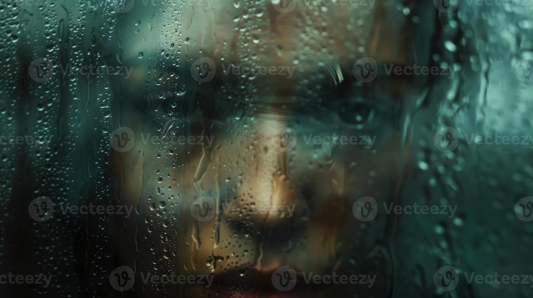AI generated Contemplative person gazing through a raindrop covered window, capturing a mood of introspection or longing, suitable for concepts of solitude or reflection photo