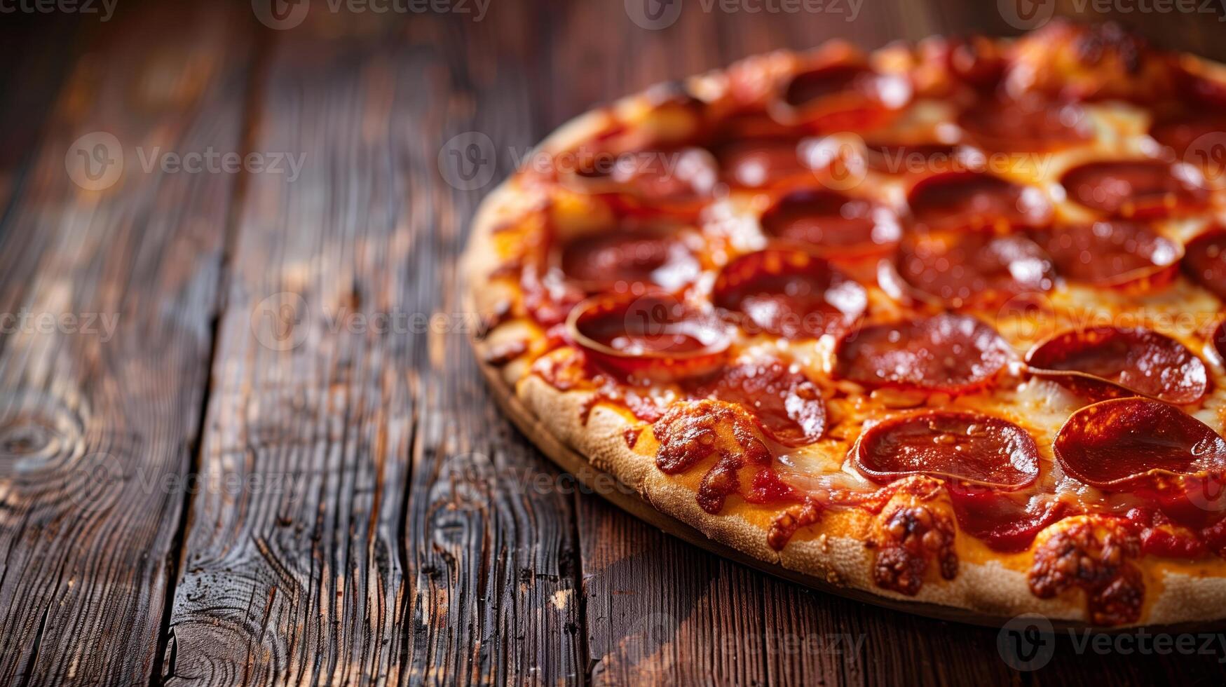 AI generated Close up of a hot, freshly baked pepperoni pizza on a wooden table, perfect for Italian cuisine concepts or National Pizza Day promotions photo