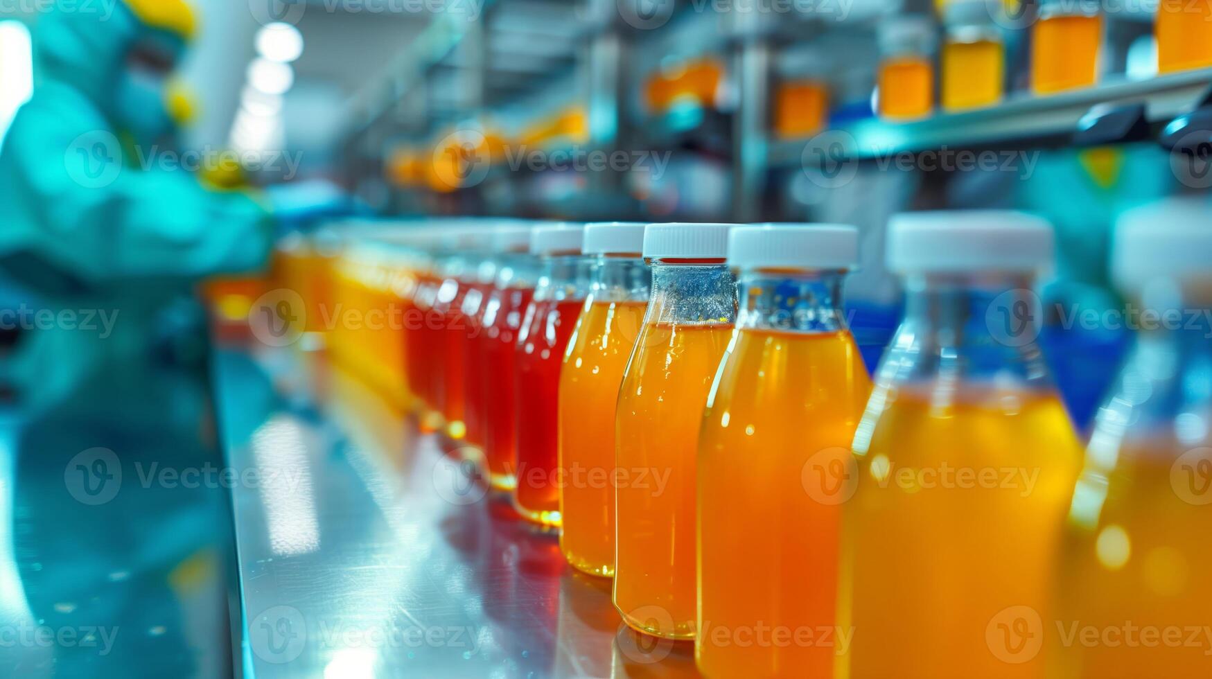 AI generated Workers in protective gear overseeing the production line of colorful bottled beverages at a modern manufacturing plant, representing industry and technology in food processing photo