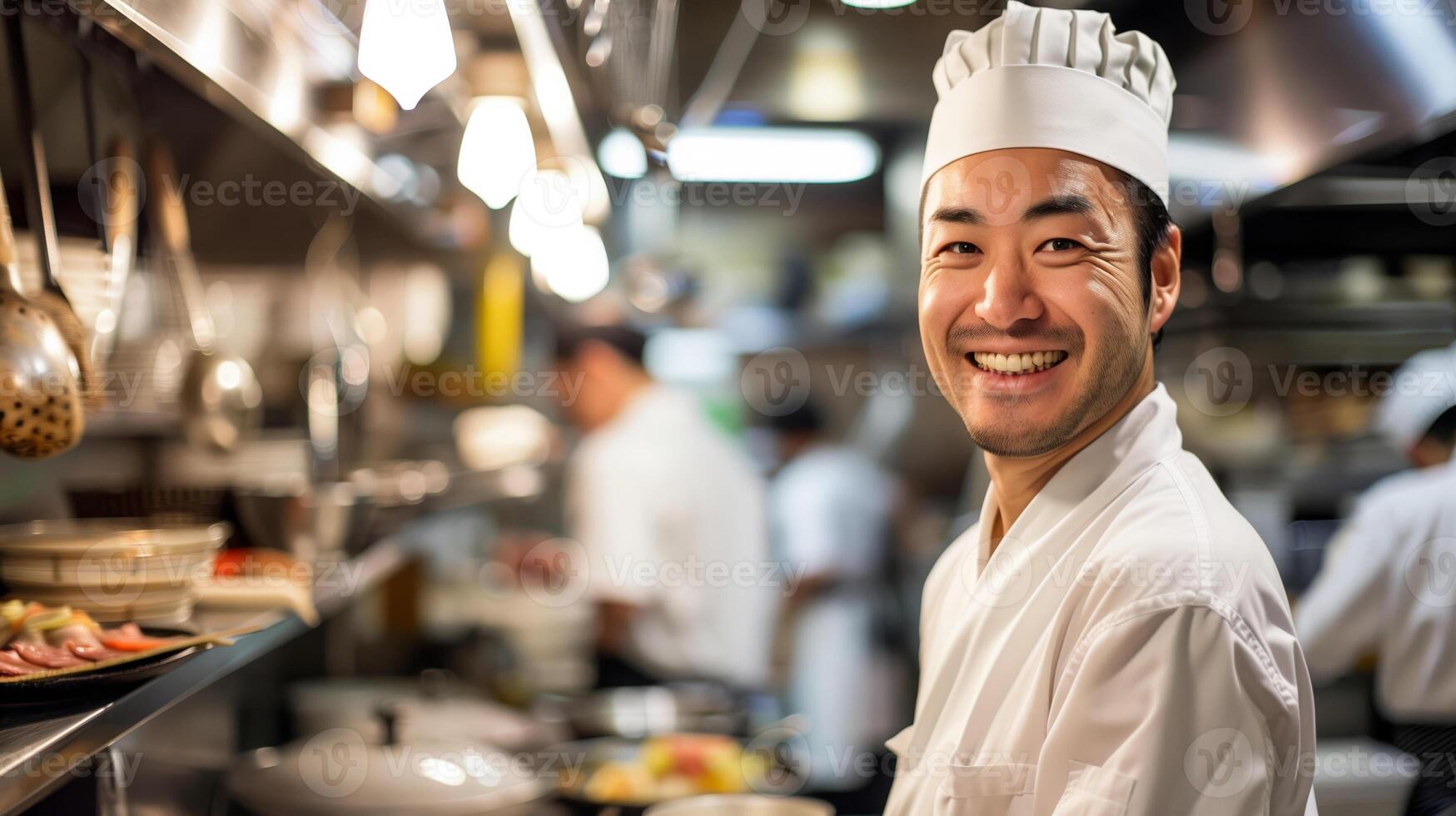 AI generated Asian male chef smiling in a commercial kitchen with colleagues working in the background, encapsulating culinary professionalism and teamwork in the food industry photo