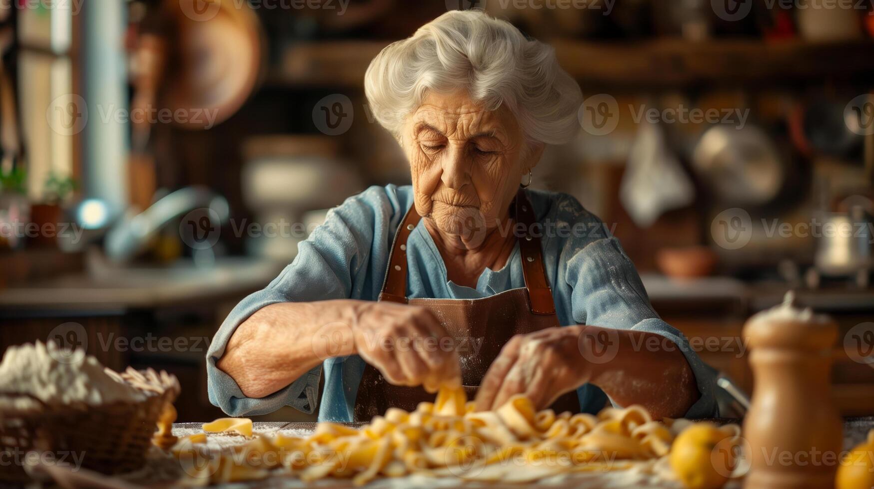 AI generated Elderly Caucasian woman in apron preparing homemade pasta in a rustic kitchen, representing traditional cooking and family heritage photo