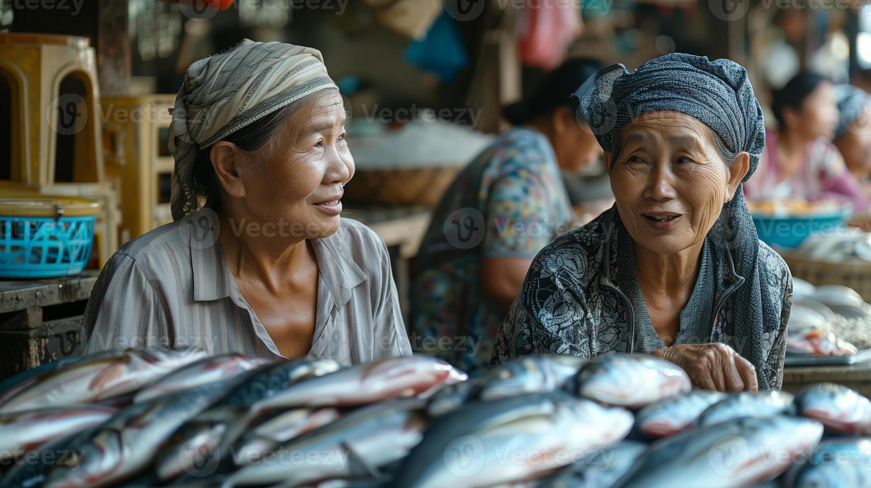 AI generated Two Southeast Asian women smiling and chatting beside a fish stall in a vibrant local market, conveying a sense of community and everyday commerce photo