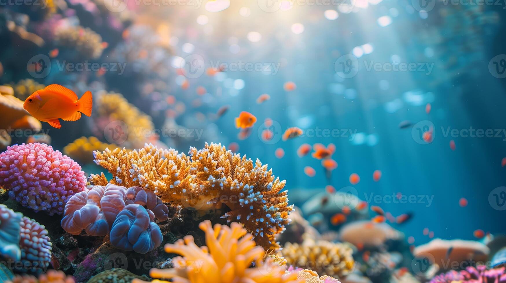 AI generated Vibrant underwater coral reef scene with colorful corals and a school of orange fish, bathed in rays of light, ideal for marine life or environmental conservation concepts photo