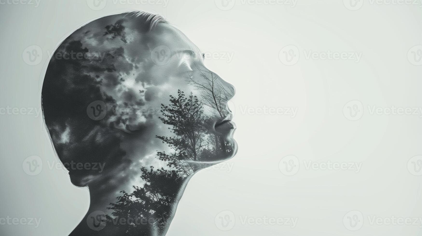 AI generated Double exposure portrait blending a silhouette of a woman with a tranquil nature scene, depicting concepts of tranquility, mindfulness, and unity with nature photo