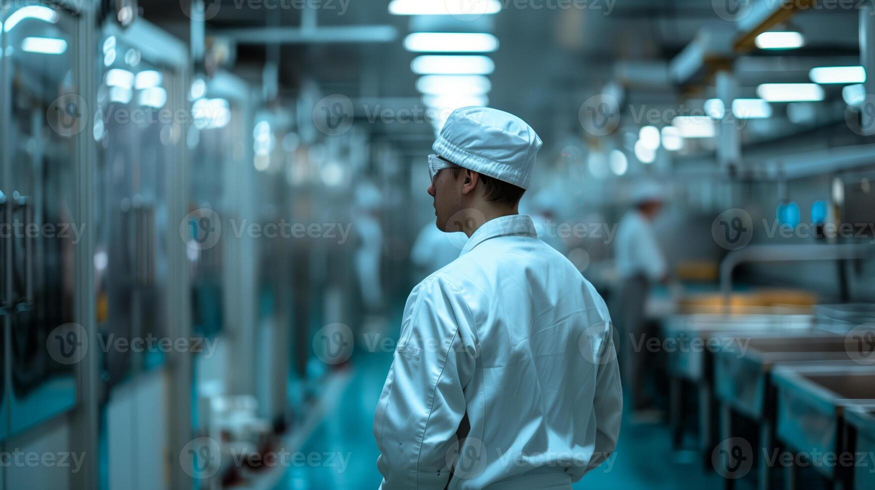 AI generated Focused male food industry professional in white lab coat and hairnet overseeing production line in modern factory setting photo