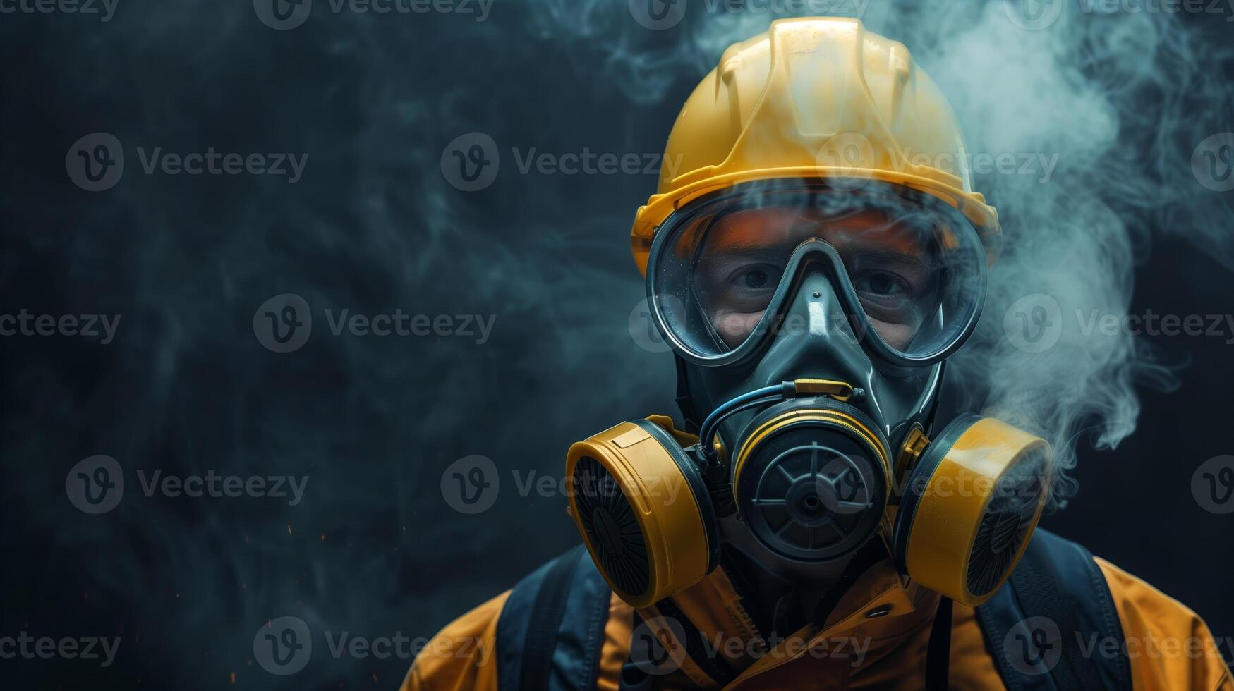 AI generated Person in protective gear with a gas mask and yellow hard hat against a smoky dark background, depicting industrial safety or environmental pollution concept Ethnicity not discernible photo