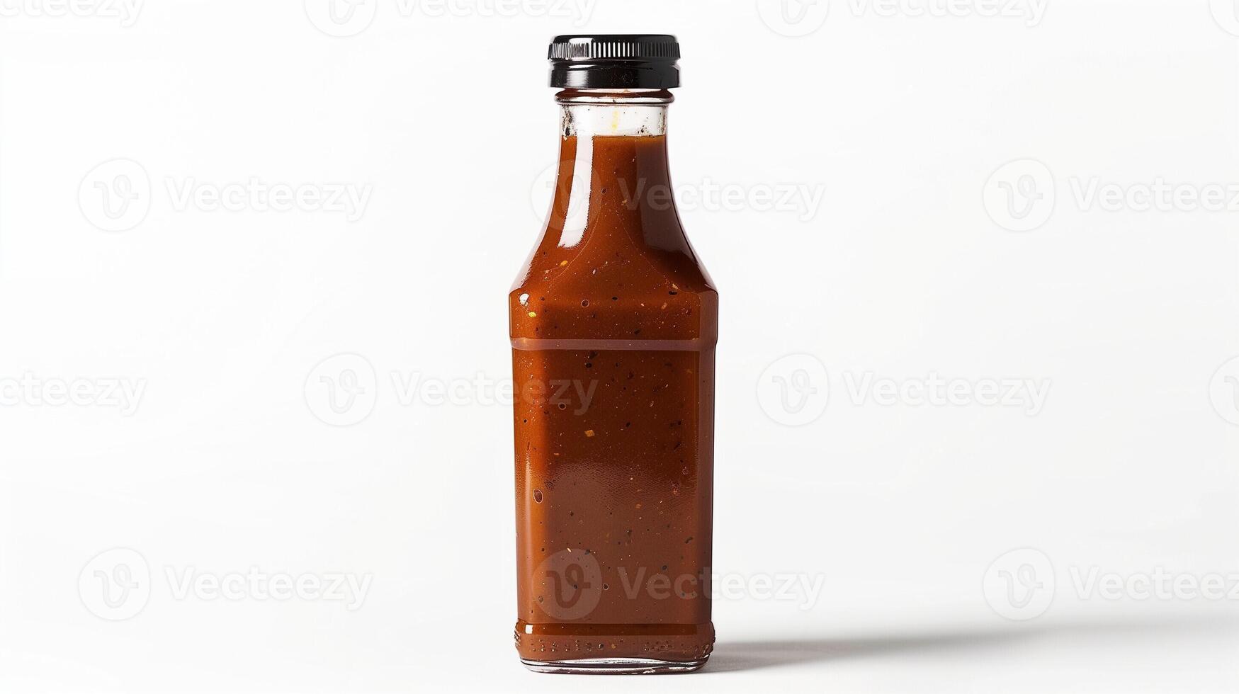 ai generado un vibrante etiqueta diseño en un parilla salsa botella con un rústico tocar, aislado en un blanco antecedentes foto