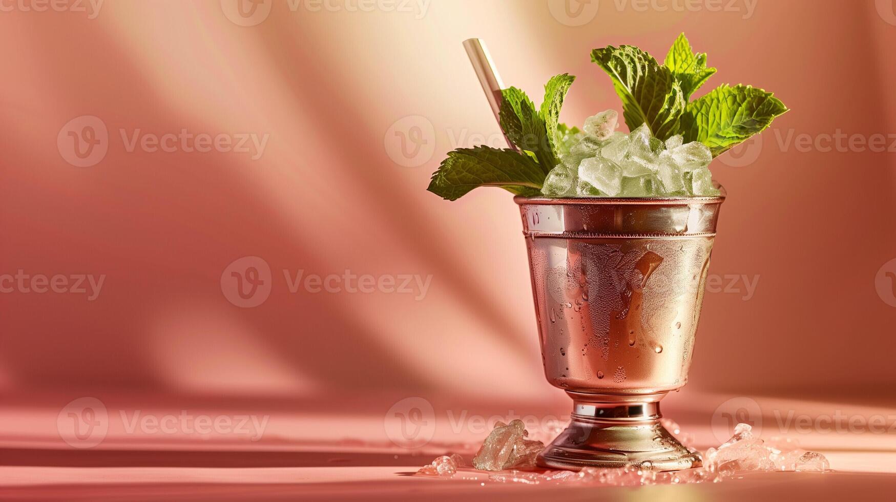 AI generated A mint julep cocktail in a silver cup, garnished with fresh mint leaves and a straw, isolated on a gradient background photo