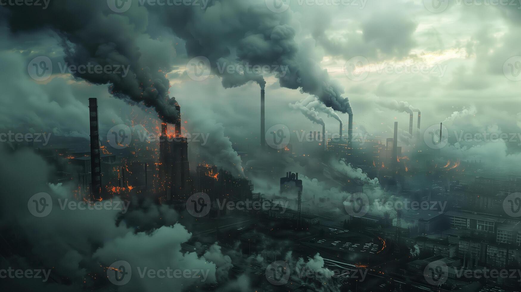 AI generated Dystopian industrial landscape with heavy air pollution from multiple smokestacks under a dark, ominous sky, highlighting environmental concerns photo