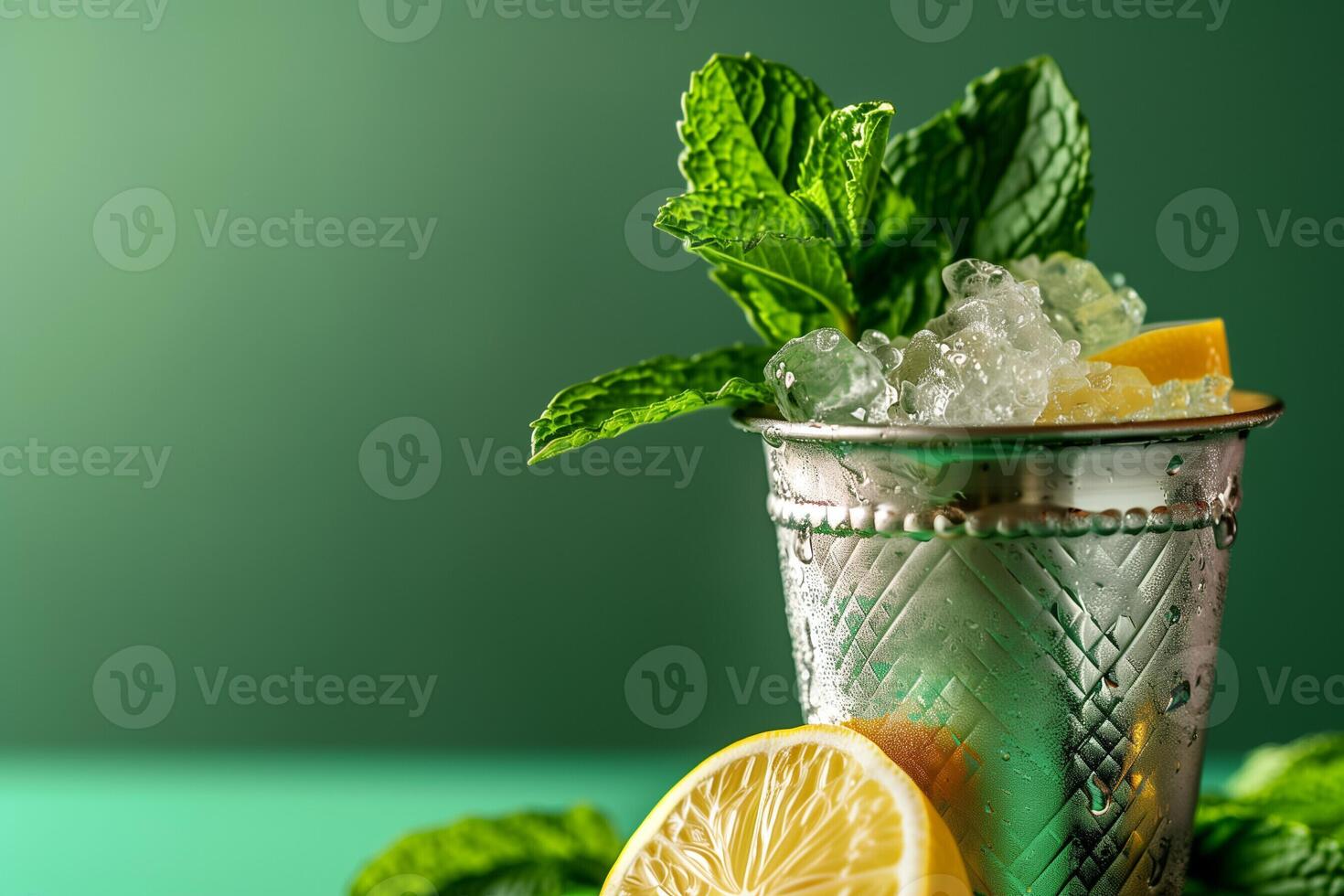 AI generated A traditional mint julep drink adorned with a sprig of mint and a slice of lemon, isolated on a gradient background photo
