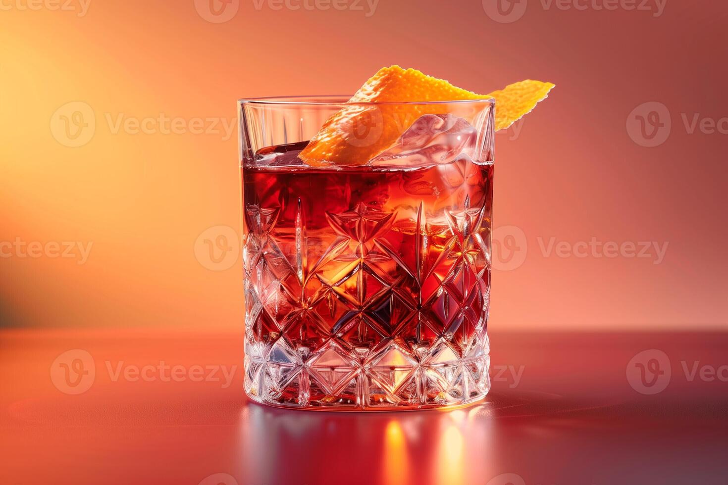 AI generated A crystal clear glass filled with a refreshing Negroni cocktail garnished with a twist of orange peel, isolated on a gradient background photo