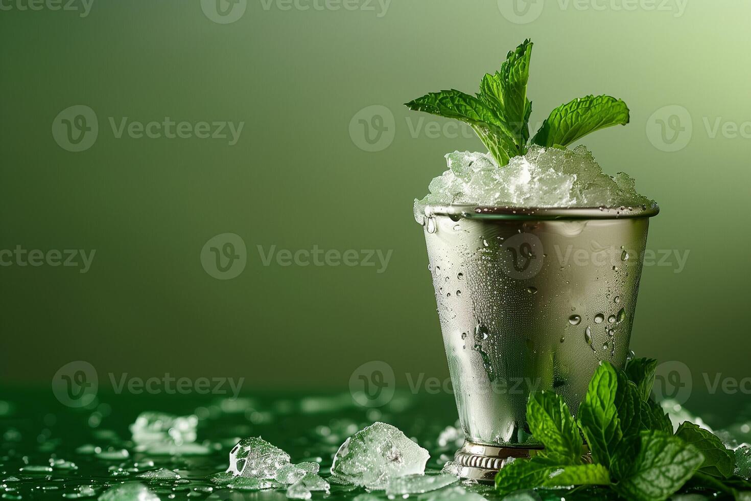 AI generated A silver mint julep glassware with crushed ice and mint sprigs, isolated on a gradient background photo