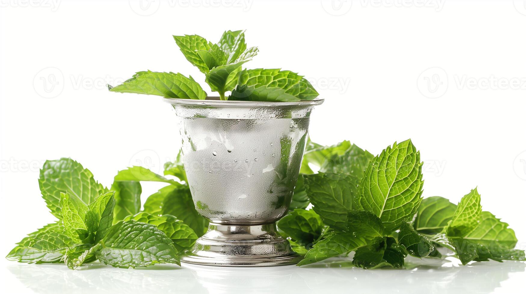 AI generated Fresh mint leaves and a silver julep cup for making a mint julep, isolated on a white background photo