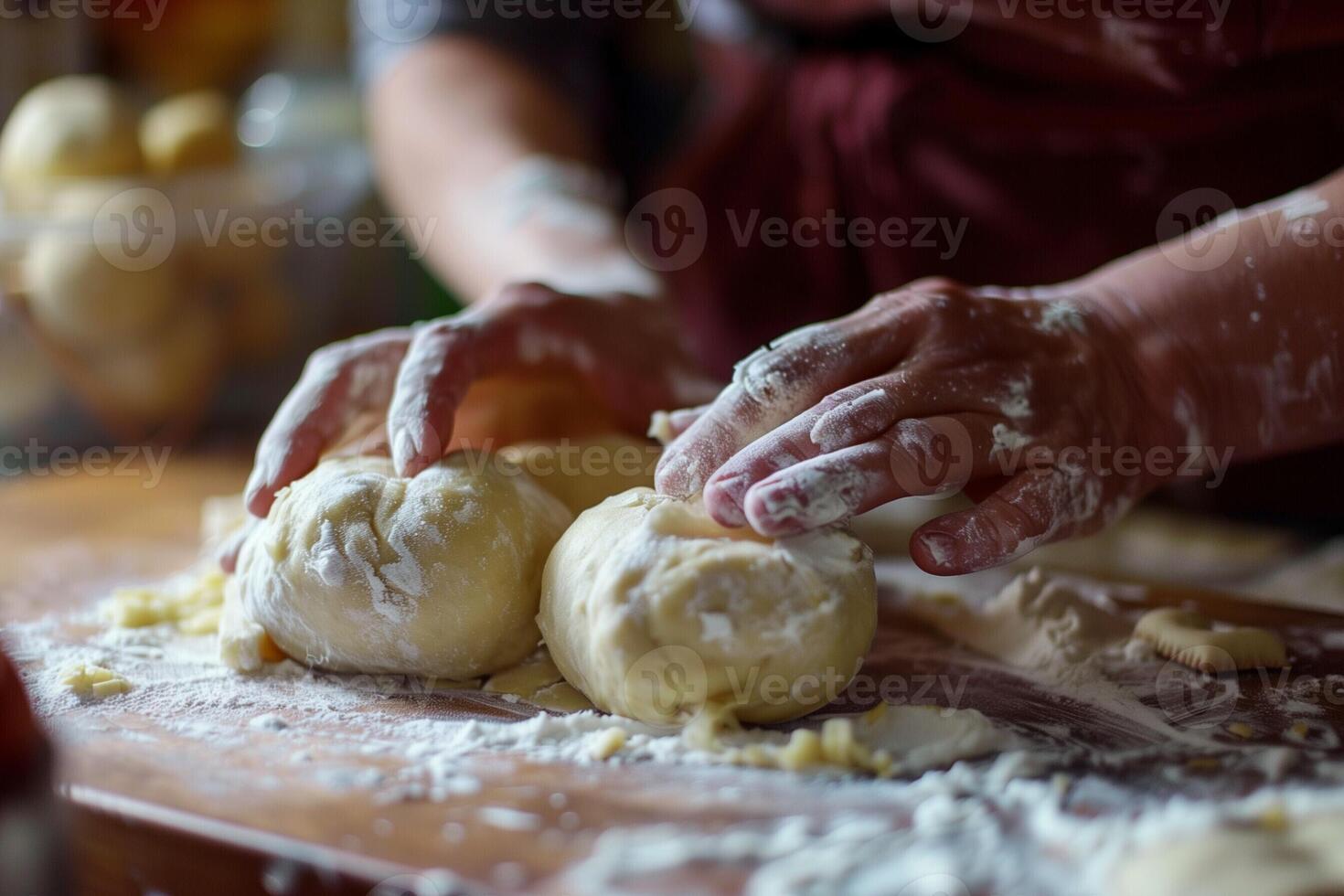 ai generado manos laminación masa para matzá pelotas en un hogar cocina foto