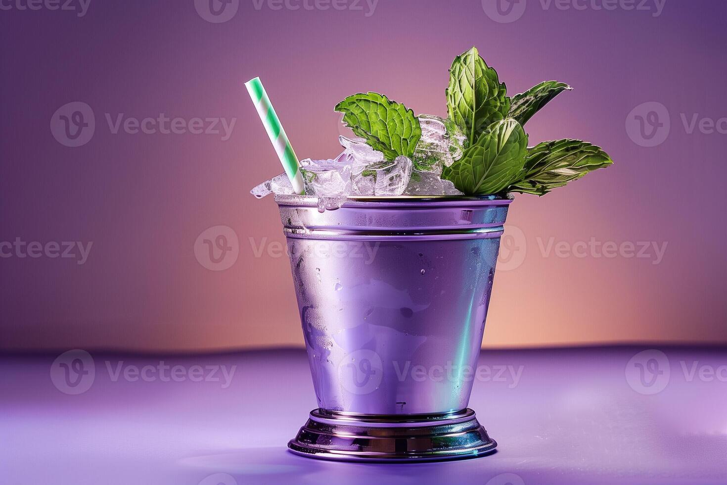 AI generated A mint julep cocktail in a silver cup, garnished with fresh mint leaves and a straw, isolated on a gradient background photo