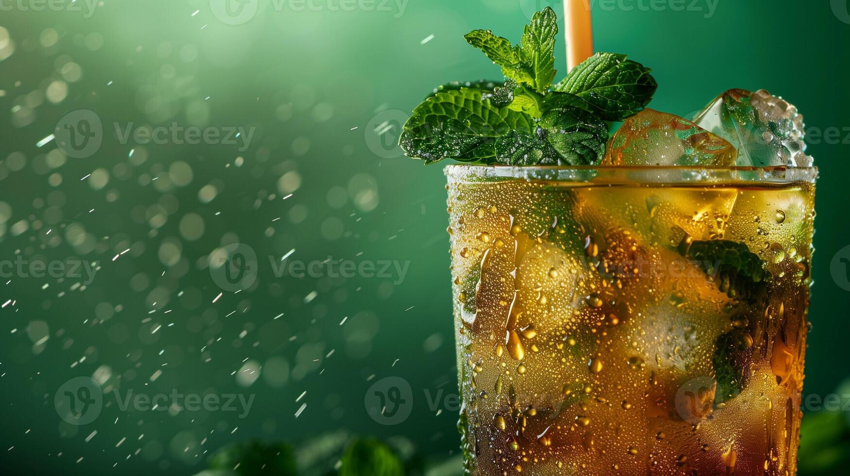 AI generated Close up image of a chilled mint julep glass with condensation droplets, mint sprigs, and a straw, set against a cool, green, gradient background with empty space for text photo
