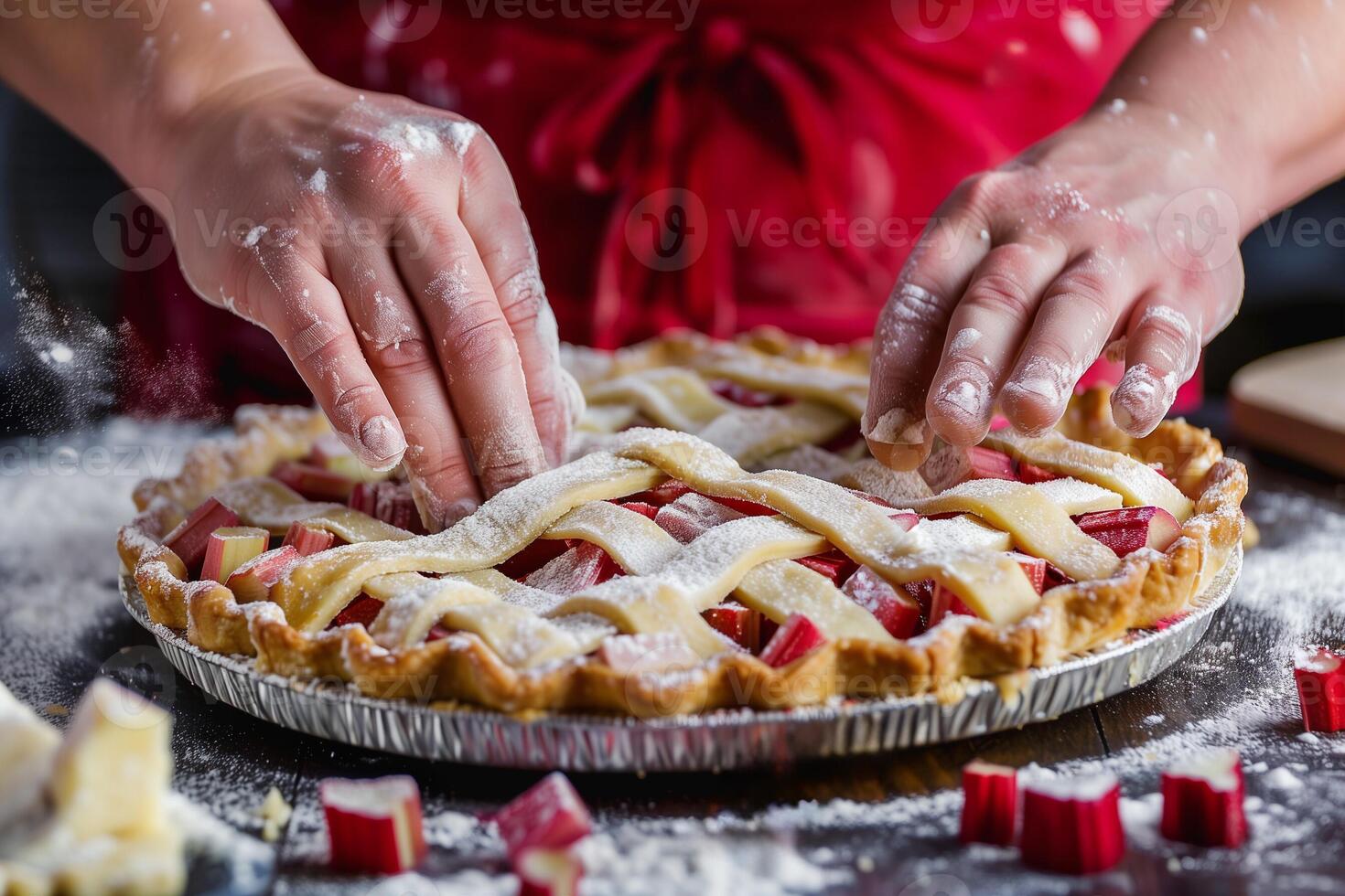 AI generated A bakers hands preparing a rhubarb pie, isolated on a gradient background photo