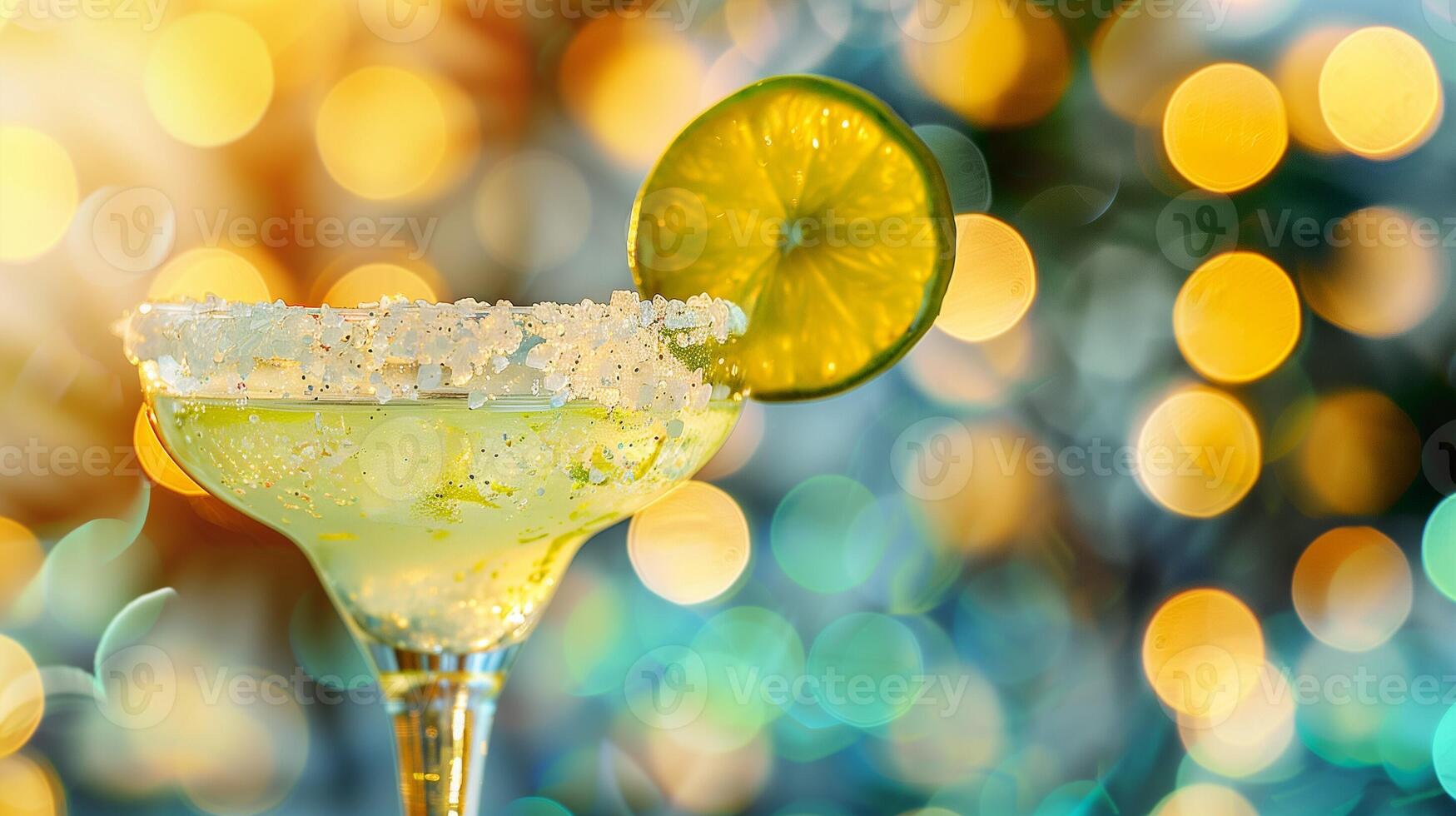 AI generated Close up of a decorated margarita glass rim with salt and lime, set against a blurry background with empty space for text photo