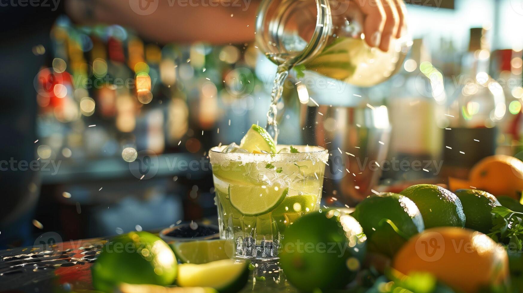 AI generated Pouring Tequila into a Blender with Fresh Lime for Margarita photo