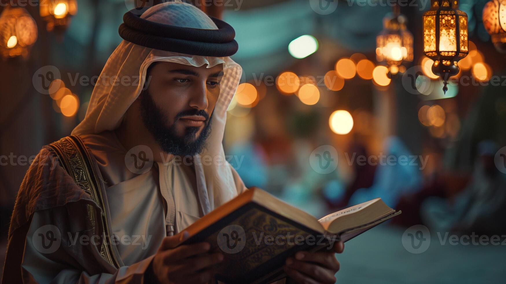 AI generated A Middle Eastern man in traditional attire fervently reads the Quran under the soft glow of hanging lanterns during Ramadan photo