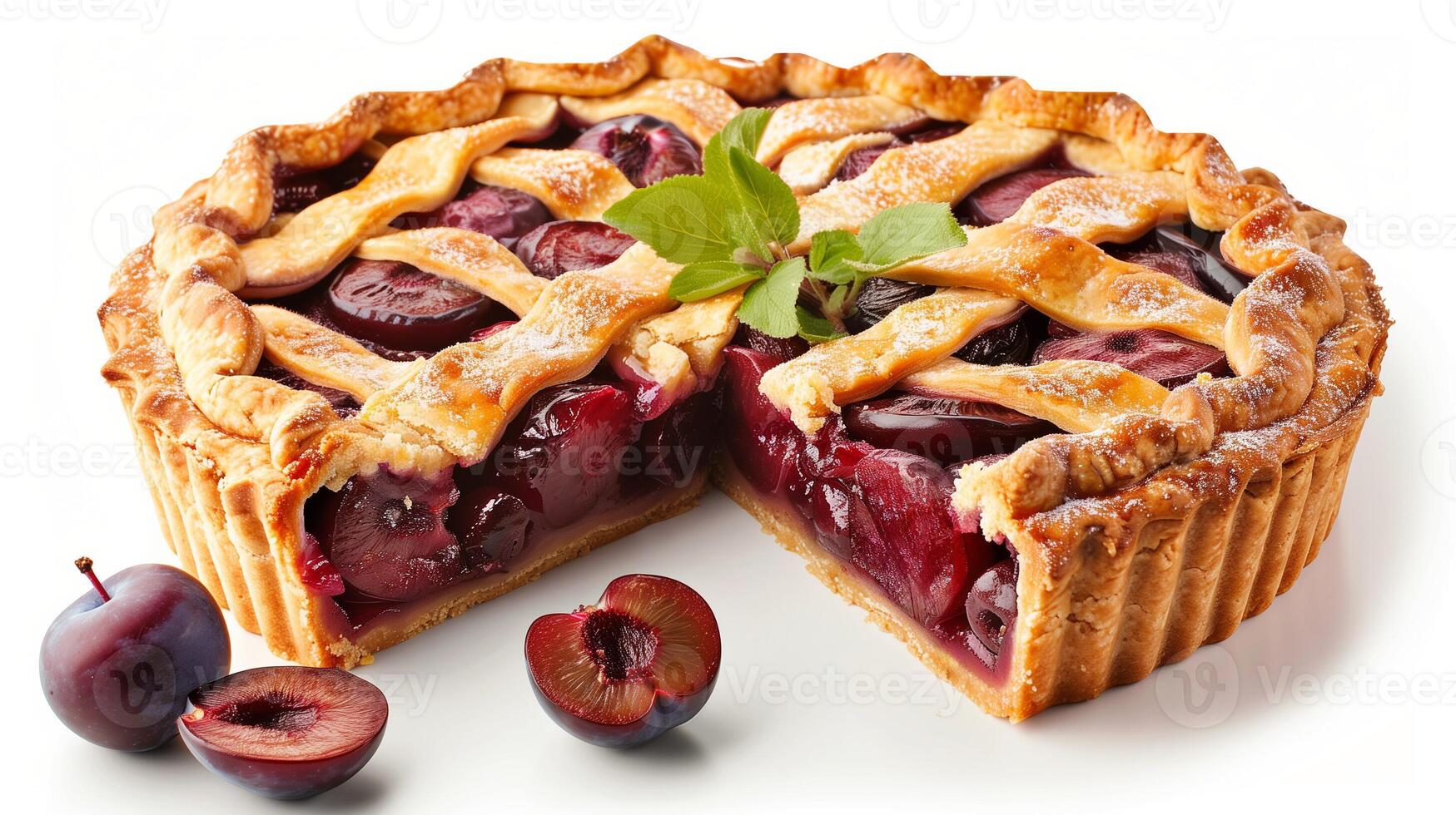 AI generated Freshly baked plum pie with a serving slice, isolated on a white background photo