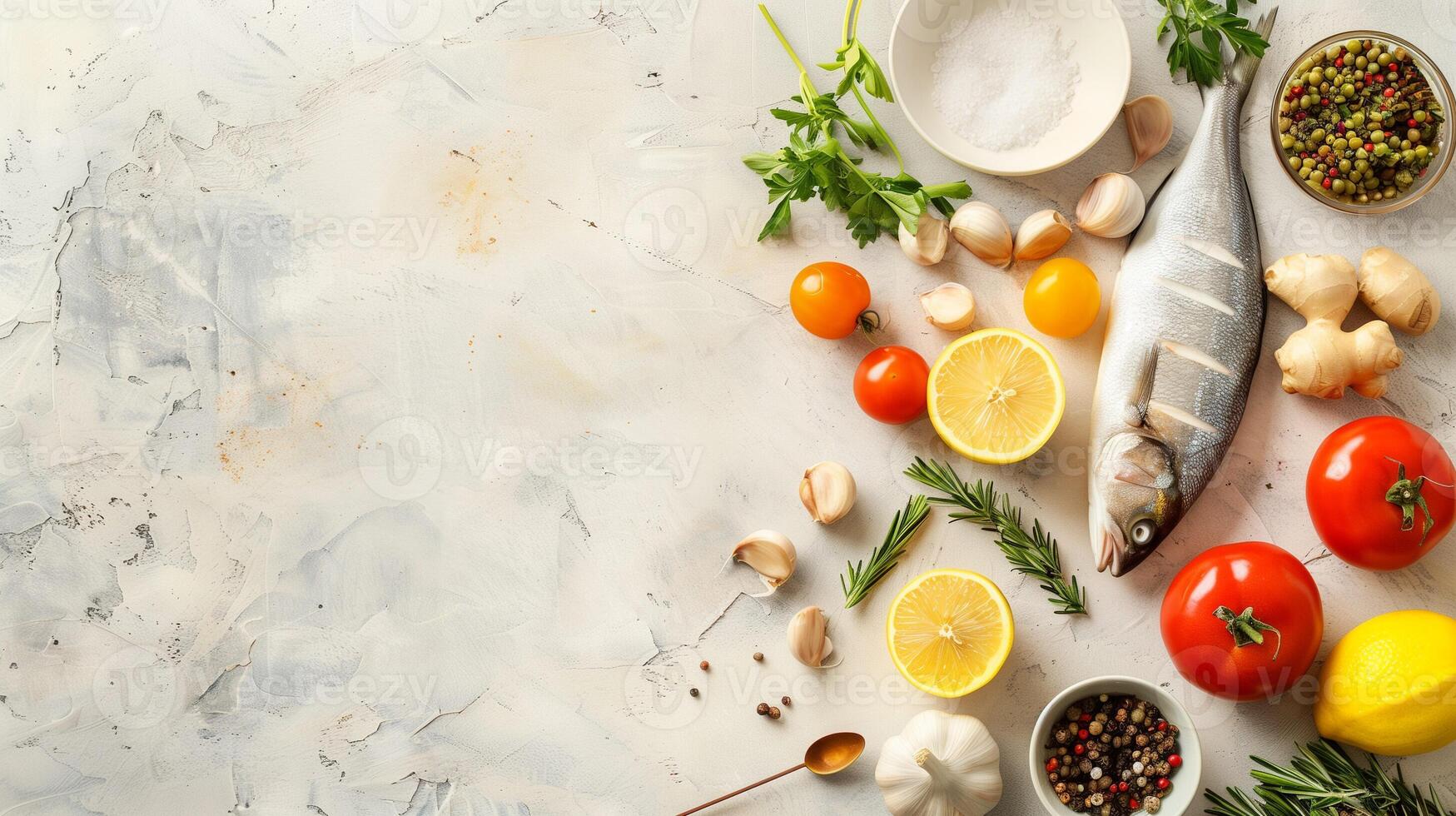 AI generated Assortment of fresh ingredients used for making Gefilte fish displayed on a light colored background with empty space for text photo