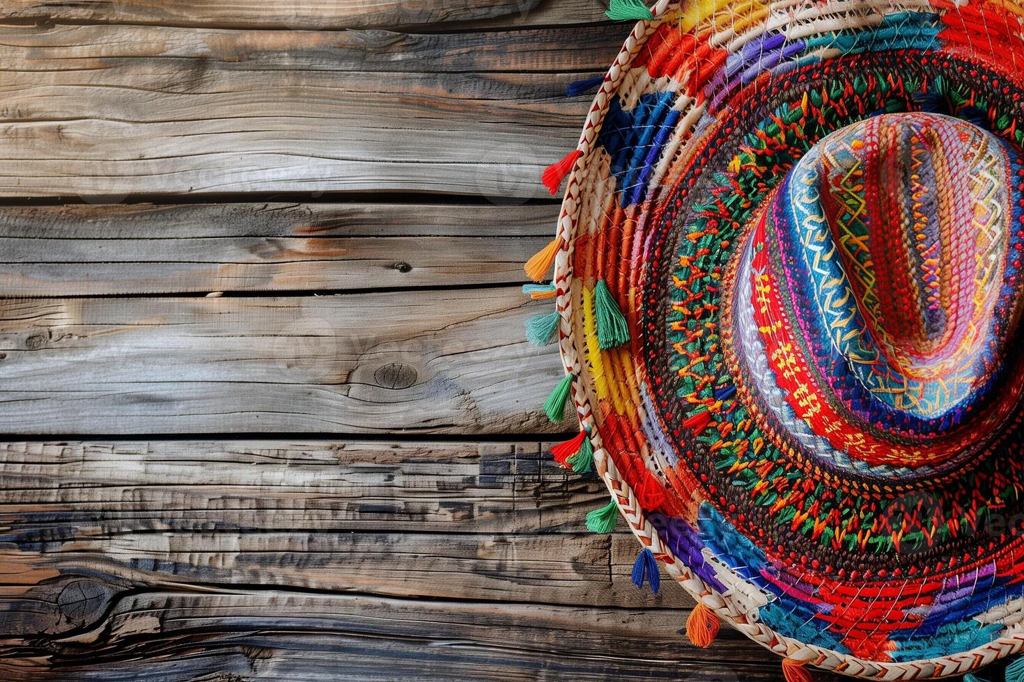 AI generated Colorful sombrero adorned with intricate patterns rests against a rustic wooden background with empty space for text embodying Cinco de Mayo spirit photo