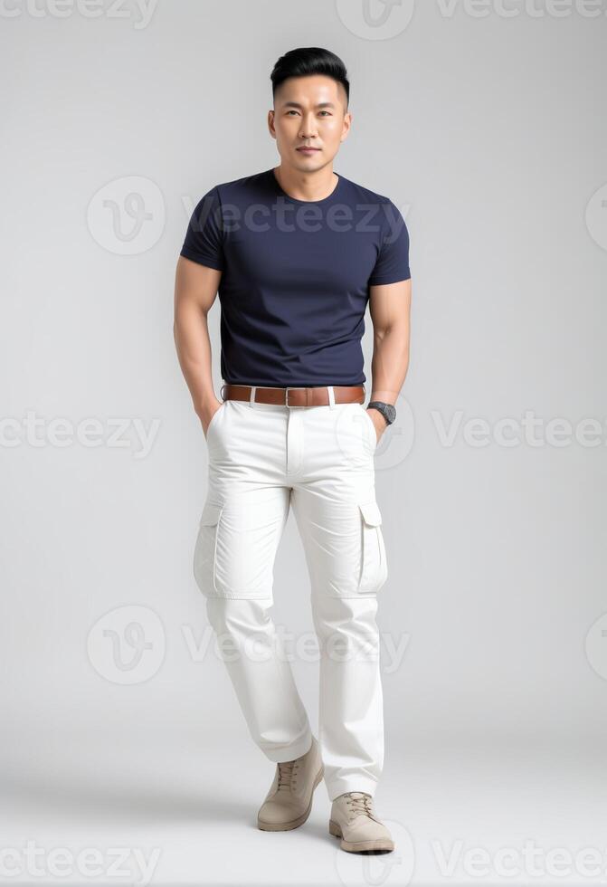 AI generated Confident Asian man in casual navy t shirt and white pants standing against a gray background, suitable for fashion and lifestyle concepts photo