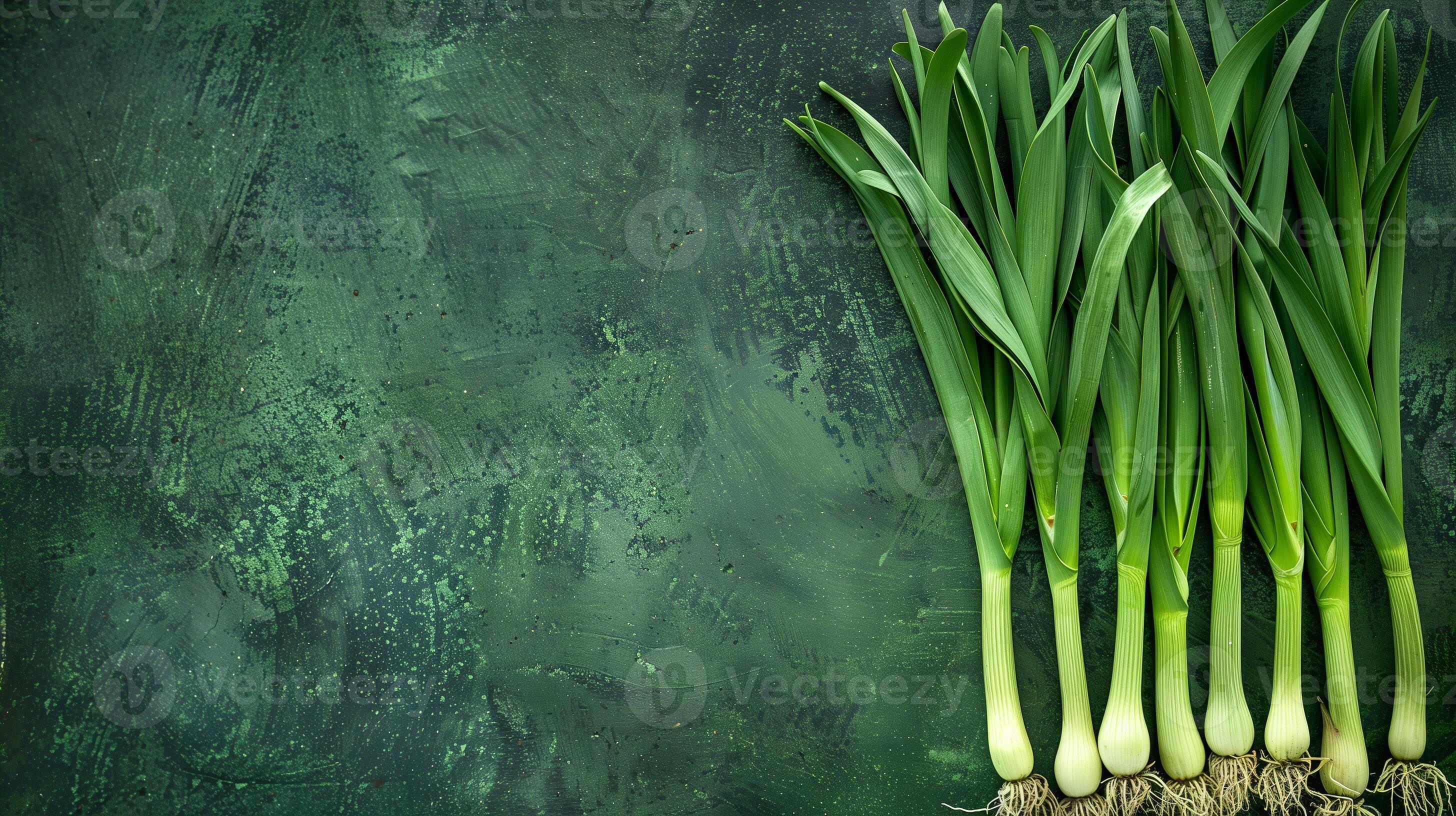 AI generated A bunch of wild leeks identified and foraged, spread out