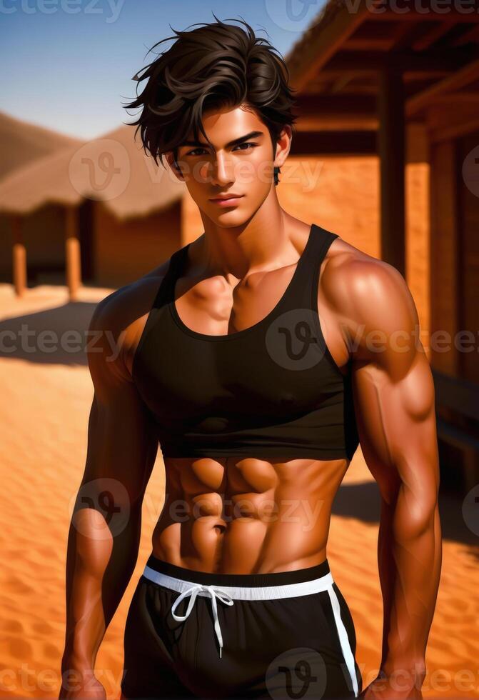 ai generado digital ilustración de un muscular, bronceado masculino modelo en ropa de deporte posando con confianza en un Desierto configuración, evocando temas de aptitud física, fortaleza, y verano foto