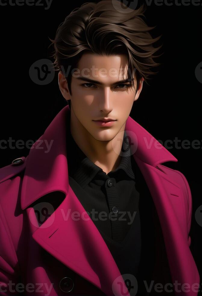 ai generado elegante 3d prestados masculino modelo en un vibrante rosado zanja Saco terminado un negro camisa, con un afable peinado, aislado en un negro fondo, Moda concepto foto