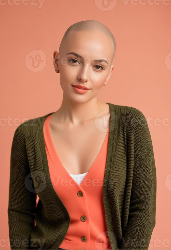 AI generated Portrait of a confident, smiling young bald woman in stylish attire on a peach background, symbolizing cancer awareness and empowerment photo