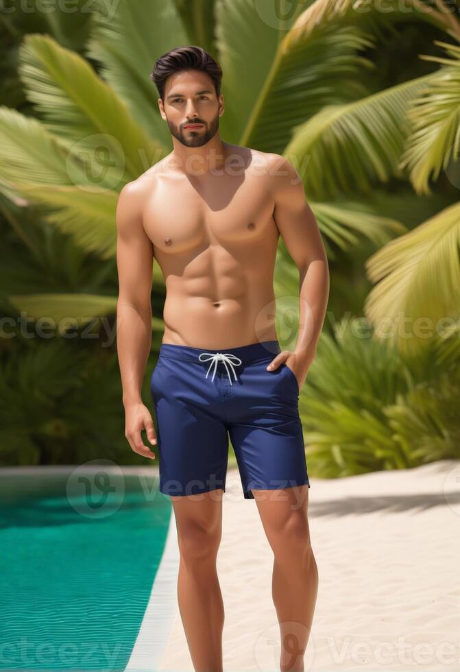 AI generated Fit male model with a toned physique in navy swim shorts posing by a poolside, against a tropical palm backdrop, concept for summer and fitness photo