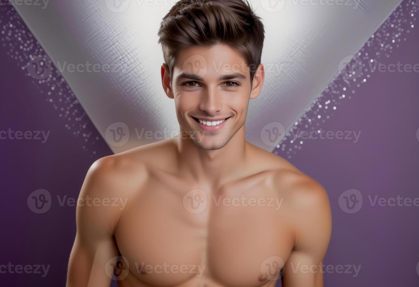 AI generated Cheerful young Caucasian male with a bright smile, posing shirtless against a purple backdrop, conveying concepts of fitness, health, and beauty photo