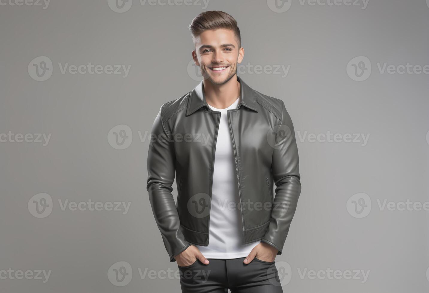 AI generated Stylish young man wearing a leather jacket and white t shirt, with a friendly smile, against a grey background, embodying casual fashion and urban lifestyle photo