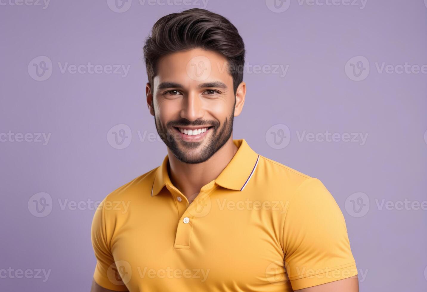 AI generated Handsome young adult man smiling in a yellow polo shirt against a purple background, ideal for fashion and Fathers Day promotions photo