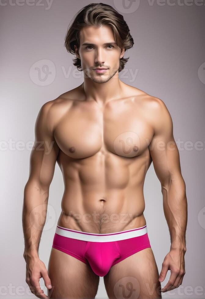 AI generated Fit male model with toned physique posing in pink underwear, ideal for fitness promotion and Valentines Day themed advertisingRelated concepts, Fitness, Fashion, Valentines DayEthnicity photo
