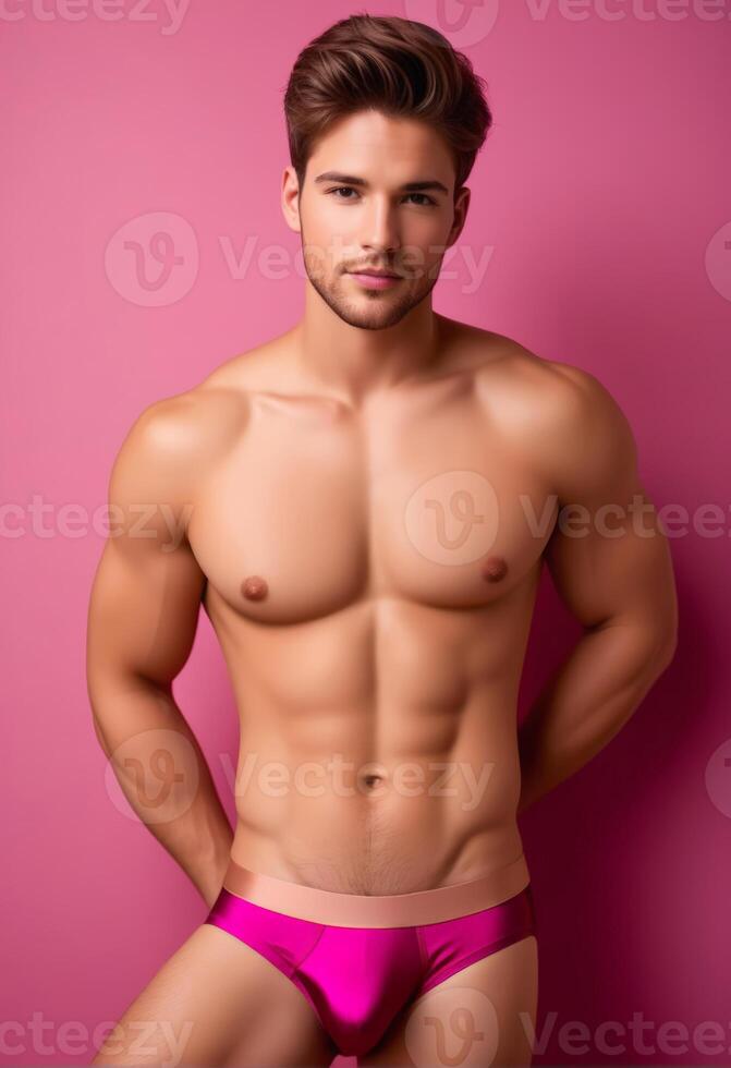 AI generated Handsome young Caucasian male model posing confidently in pink underwear against a pink background, ideal for fashion and Valentines Day promotions photo