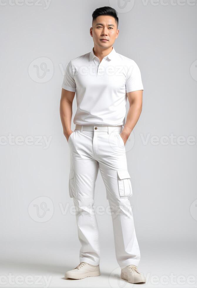 AI generated Confident Asian man posing in a casual white polo and pants against a grey background, ideal for fashion and modern lifestyle concepts photo