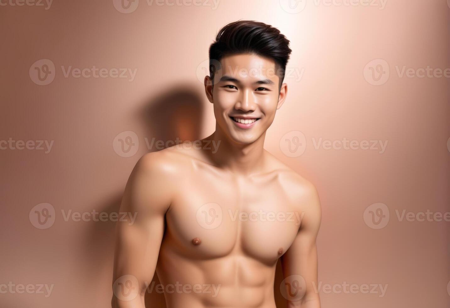 AI generated Smiling Asian man with a fit physique posing shirtless on a tan background, exemplifying health and wellness, ideal for fitness related content photo