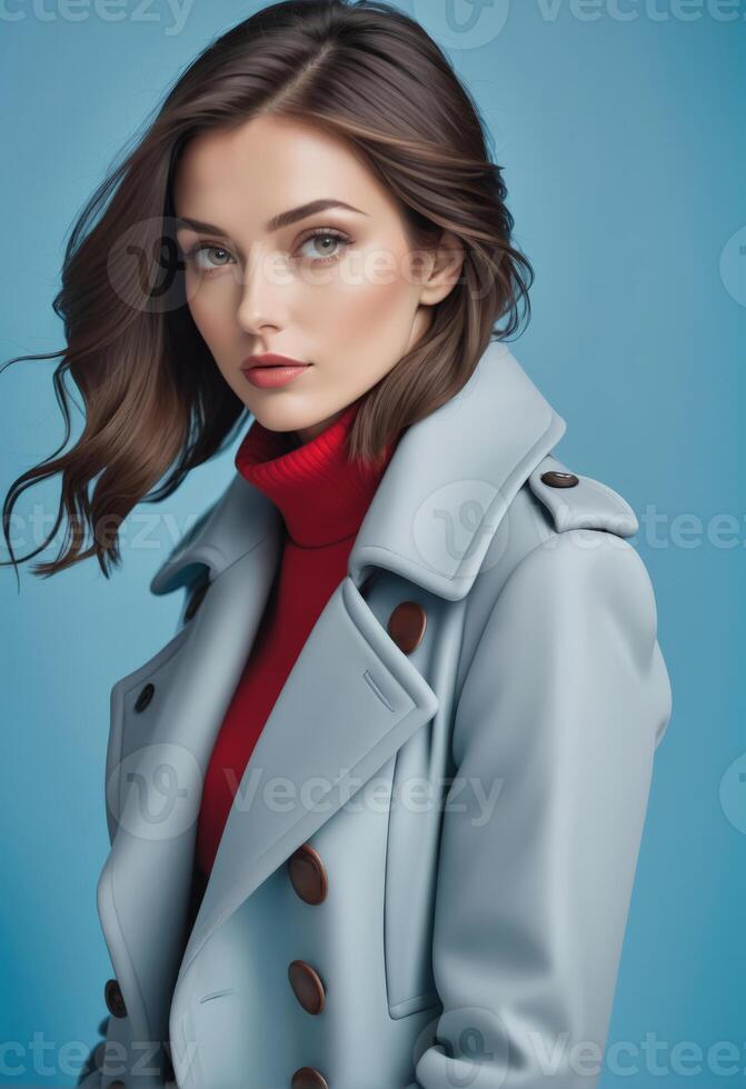 AI generated Elegant young woman with wavy hair wearing a chic blue trench coat and red turtleneck, perfect for fashion and autumn season concepts photo