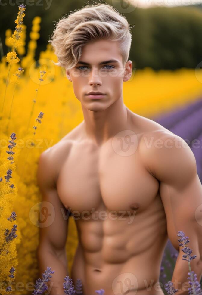 ai generado hermoso joven caucásico hombre con elegante Corte de pelo posando sin camisa en un vibrante lavanda campo con dorado luz, evocando conceptos de belleza, bienestar, y verano foto