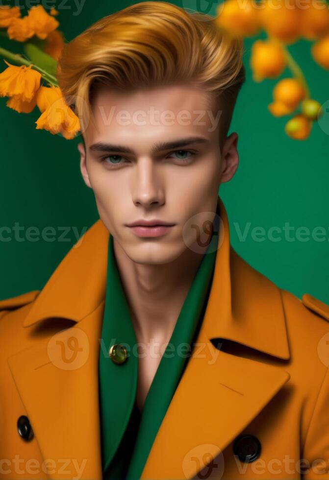 AI generated Handsome young man with styled blond hair posing in a fashionable orange trench coat against a green background with yellow flowers, evoking spring fashion trends photo