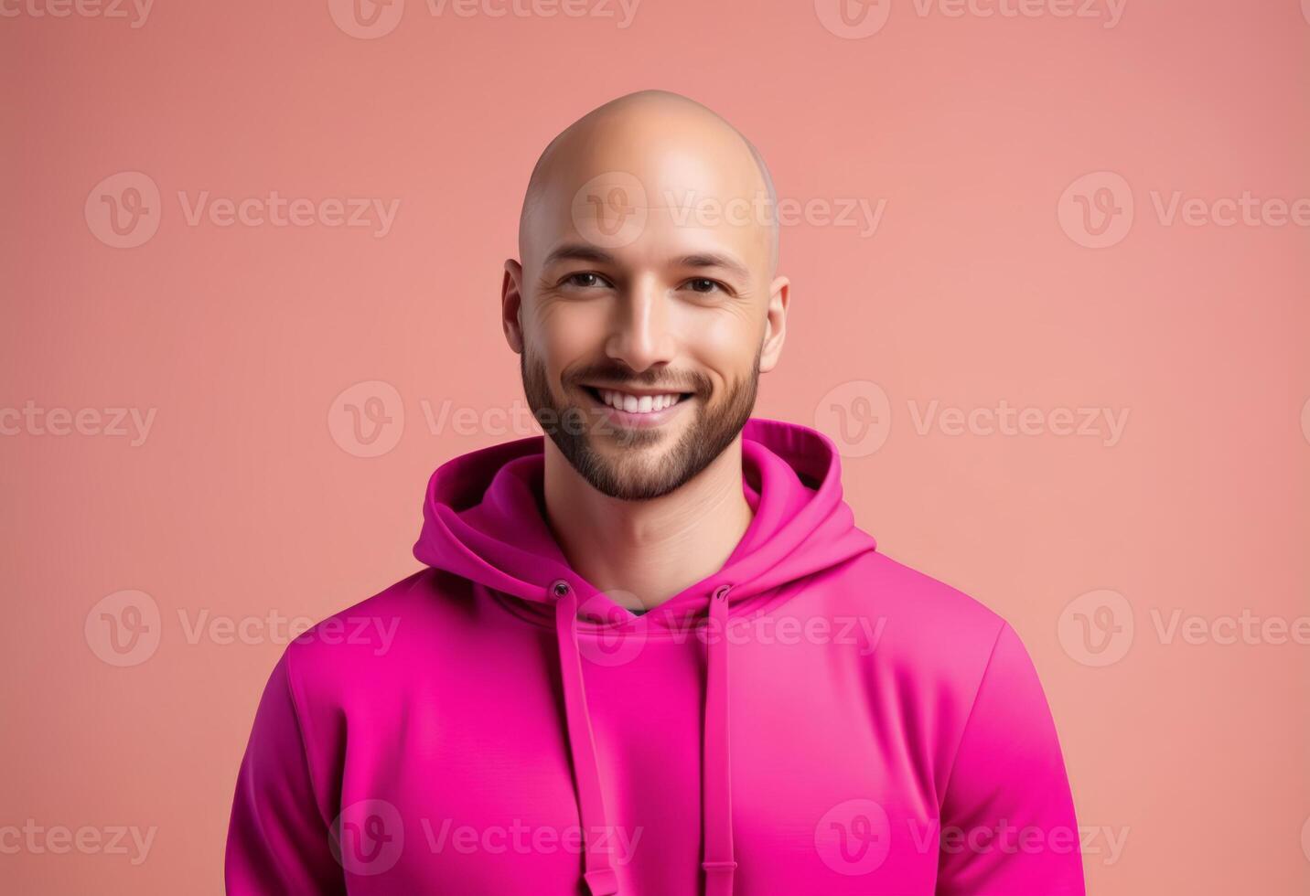 AI generated Smiling bald man in a vibrant pink hoodie against a pastel background, ideal for fashion and inclusivity themes, relevant for International Day of Happiness photo