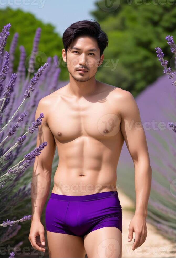 AI generated Fit Asian male model posing confidently in purple swimwear amidst blooming lavender fields, ideal for fitness, summer, and body positivity themes photo