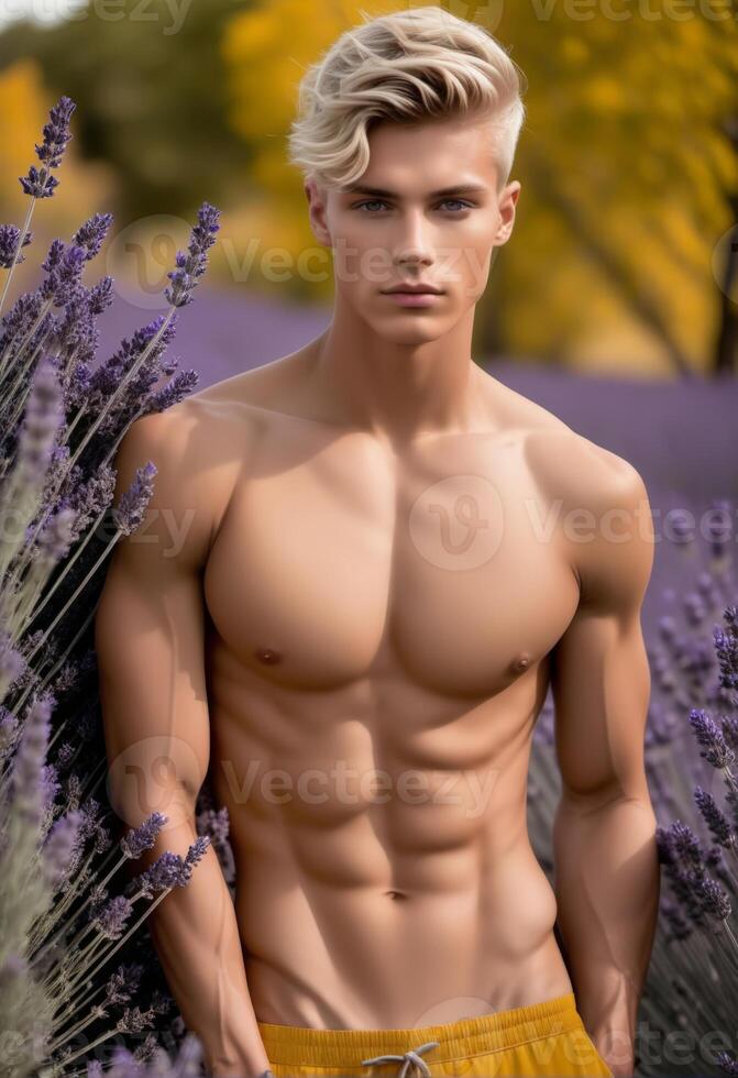 AI generated Handsome, shirtless Caucasian male model posing confidently in a purple lavender field, ideal for fitness, summer, and fragrance marketing photo