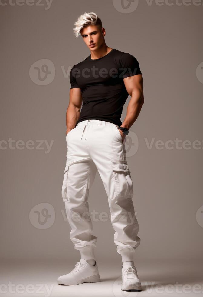 AI generated Confident young male model with striking silver hair poses in a casual black t shirt and white cargo pants, ideal for fashion and lifestyle concepts photo