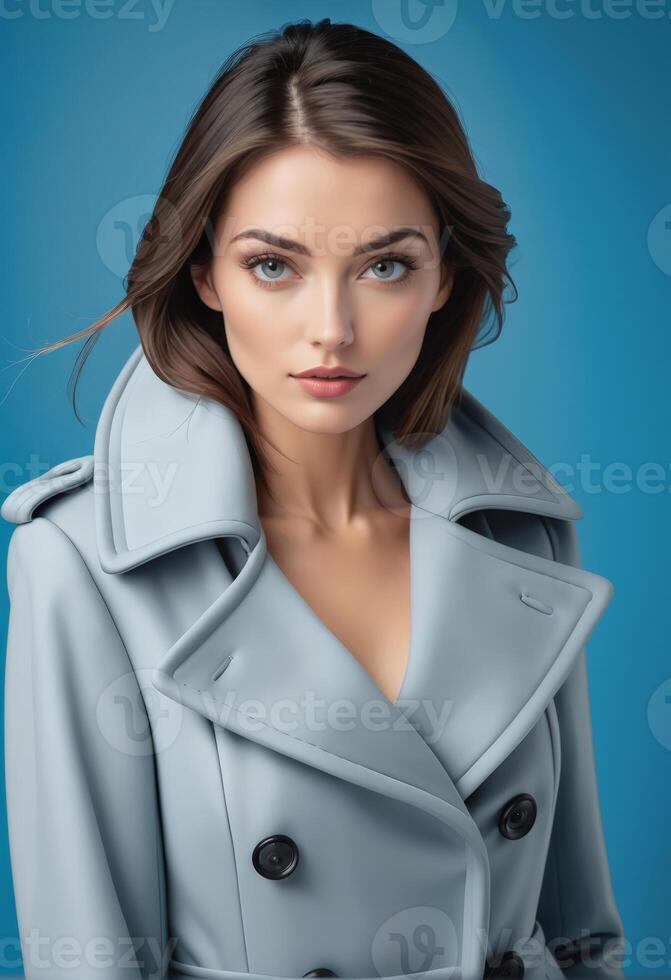 AI generated Elegant woman in stylish light blue trench coat posing on blue background, concept of spring fashion and International Womens Day photo