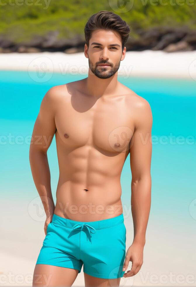 AI generated Handsome young man posing in turquoise swim shorts on a tropical beach, concept image for summer vacations and swimwear fashion photo